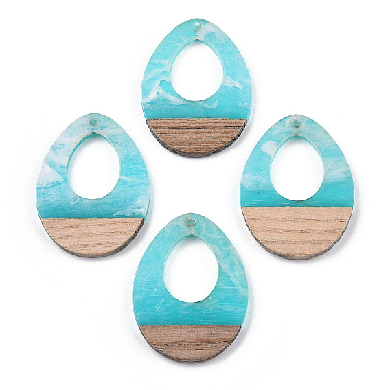 Transparent Resin & White Wood Pendants, Two Tone, Teardrop Charms