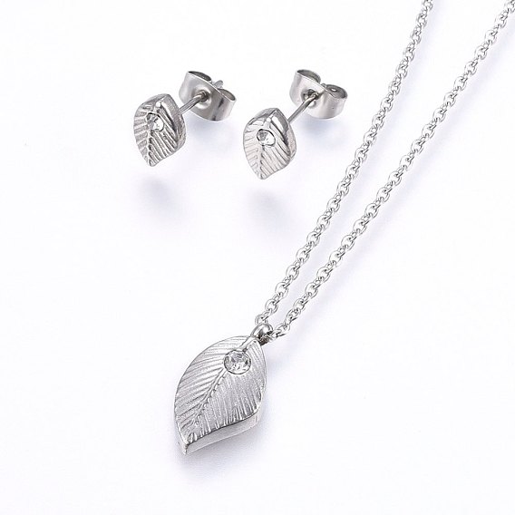 304 Stainless Steel Jewelry Sets, Stud Earrings and Pendant Necklaces, with Rhinestone, Leaf
