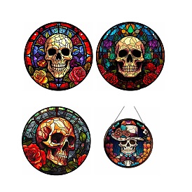 Halloween Skull Stained Acrylic Window Planel, for Suncatchers Window Home Hanging Ornaments, Flat Round