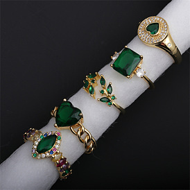 Adjustable Copper Micro Inlaid Green Zircon Ring with Water Drop Colorful Zircon Stone