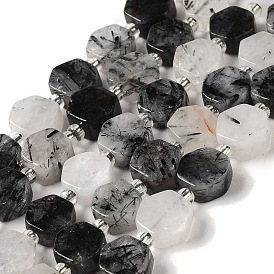 Natural Black Rutilated Quartz Beads Strands, Hexagon, with Seed Beads