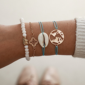 Bohemian Shell Bracelet Set with World Map, Elephant, Flower and Ocean Beads (4 Pieces)