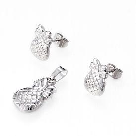 304 Stainless Steel Jewelry Sets, Pendants and Ear Studs, Pineapple