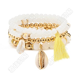 4 piezas 4 estilo natural mashan jade y cuentas redondas de hematita sintética conjuntos de pulseras elásticas, pulseras de conchas naturales y piedras preciosas de imitación y borlas para mujer