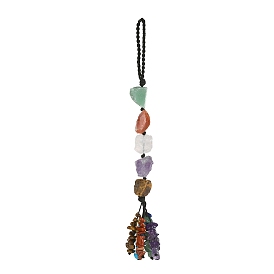 Nuggets Natural Gemstone Pendant Decorations, Braided Nylon Thread and Gemstone Chip Tassel Hanging Ornaments