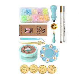 Sealing Wax Stamps Sets, Including Brass Head, Handle, Spoon, Silicone Mat, Luminous Wax Beads and Candle, for Retro Seal Stamp