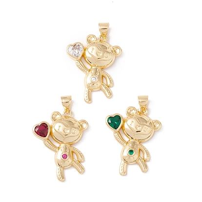 Rack Plating Brass Micro Pave Cubic Zirconia Pendants, Long-Lasting Plated, Cadmium Free & Lead Free, Bear, Real 18K Gold Plated
