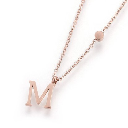 304 Stainless Steel Initial Pendant Necklaces, with Glass Rhinestone, Letter, Crystal, Rose Gold