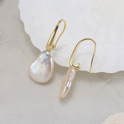 925 Sterling Silver Dangle Earrings, with Teardrop Natural Baroque Pearl