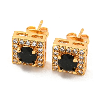 Brass Micro Pave Cubic Zirconia Ear Studs, Square