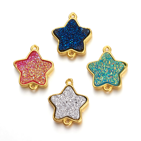 Brass Links Connectors, with Druzy Resin, Golden Plated Color, Star