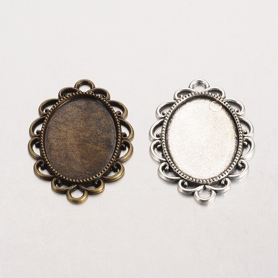 Oval Tibetan Style Alloy Cabochon Connector Settings, Cadmium Free & Lead Free, Tray: 18x25mm, 36x26x2mm, Hole: 3mm, about 250pcs/kg