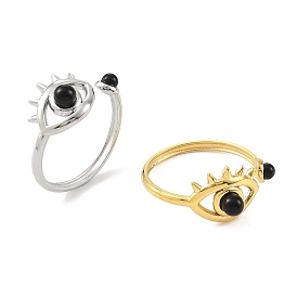 Natural Black Agate Finger Rings, Eye 304 Stainless Steel Cuff Rings for Women