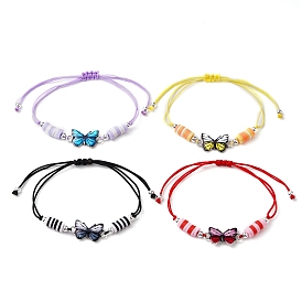 4Pcs 4 Styles Adjustable Printed Alloy Butterfly Link Bracelet Sets, Handmade Polymer Clay Braided Beads Stackable Bracelets