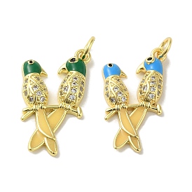 Brass Enamel Micro Pave Cubic Zirconia Pendants, Real 18K Gold Plated Bird Charms, with Jump Ring