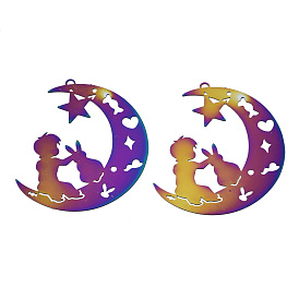 Ion Plating(IP) 201 Stainless Steel Filigree Pendants, Etched Metal Embellishments, Moon with Star & Rabbit & Boy