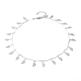 304 Stainless Steel Leaf Pendant Necklaces, with Scalloped Bar Link Chains