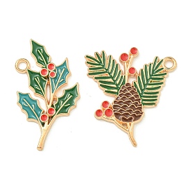 Christmas Theme Alloy Enamel Pendants, Light Gold, Pine Cone & Branch Charm