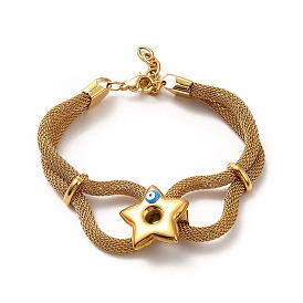 Enamel Star with Evil Eye Link Bracelet, 304 Stainless Steel Round Mesh Chains Wrap Bracelet for Women