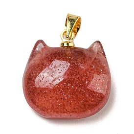 Pendentifs naturels en quartz fraise, Breloques en forme de chat avec fermoirs en alliage plaqué or