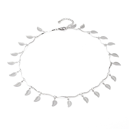 304 Stainless Steel Leaf Pendant Necklaces, with Scalloped Bar Link Chains