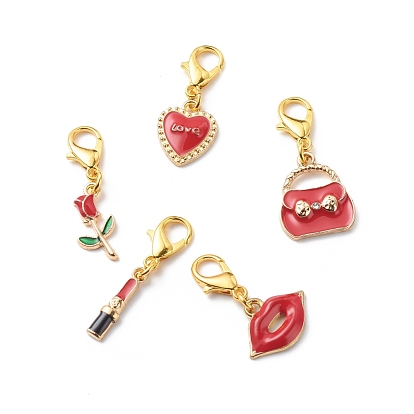 Valentine's Day Theme Alloy Enamel Pendant Decoration, Clip-on Charms, with Zinc Alloy Lobster Claw Clasps, Rose/Lipstick/Heart/Bag/Lip