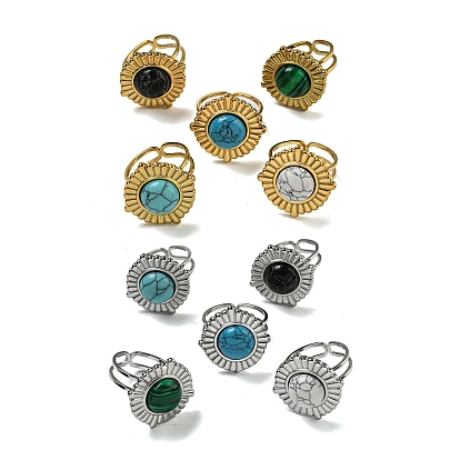 Flat Round 304 Stainless Steel Open Cuff Rings, Synthetic Malachite & Turquoise Finger Rings for Women Men