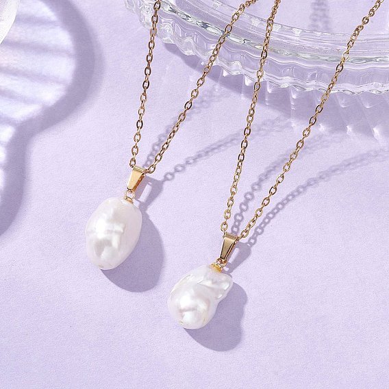 Овальный кулон из натуральной барочной жемчужины Кеши Эдисона 304 Цепочка из нержавеющей стали, белые