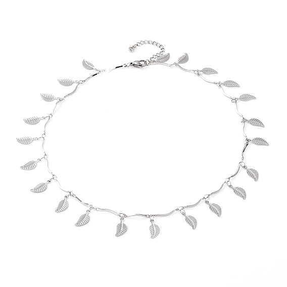 304 Stainless Steel Leaf Pendant Necklaces, with Scalloped Bar Link Chains