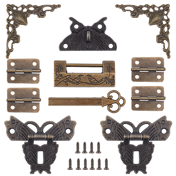 Wooden Box Accessories Sets, Including Alloy Latches Hasp Lock Clasp & Combination Locks and Iron Cabinet Drawer Butt Hinges Connectors & Filigree Joiners Links