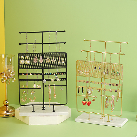 Rectangle Iron Jewelry Display Tower Stands with Marble Base, Jewelry Organizer Holder for Earrings, Bracelet, Necklace Storage