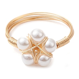 Flower Shell Pearl Finger Rings, Copper Wire Wrapped Rings for Women