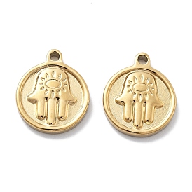 PVD Vacuum Plating 304 Stainless Steel Pendants, Flat Round with Hamsa Hand Charm