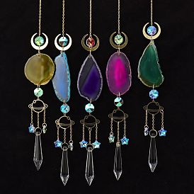 Natural Agate Piece Hanging Ornaments, Metal Moon & Planet and Glass Cone Tassel Suncatchers for Home Outdoor Decoration