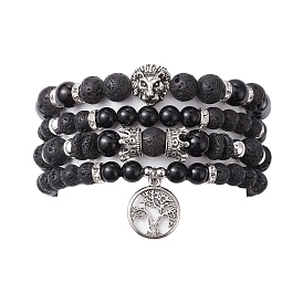 4Pcs 4 Style Natural Black Onyx & Lava Rock Beaded Stretch Bracelets Set, Lion & Crown & Tree of Life Alloy Charms Stackable Bracelets