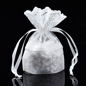 Polyester Lace & Slub Yarn Drawstring Gift Bags, for Jewelry & Baby Showers Packaging Wedding Favor Bag