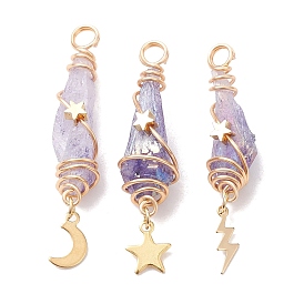 3Pcs 3 Styles Electroplated Natural Quartz Crystal Copper Wire Wrapped Pendants, TearDrop Charms with Golden Tone Alloy Moon & Star & Sun & Lightning Bolt