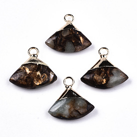 Colgantes de bronzita sintética y aqua terra jasper ensamblados en abanico, con lazo de hierro y tapa de latón chapado en oro claro