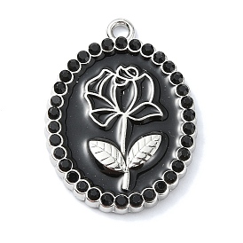 Rack Plating Alloy Enamel Pendants, with Rhinestone, Platinum, Oval with Rose Charm