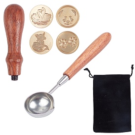 CRASPIRE DIY Scrapbook, Brass Wax Seal Stamp and Wood Handle Sets, with Stamp Head, Iron Wax Sticks Melting Spoon and Rectangle Velvet Pouches, Animals and Animal Footprints