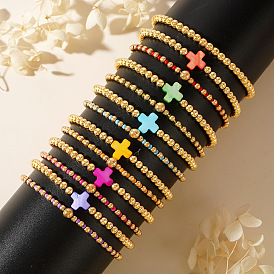 3Pcs Golden Luxury Brass Beaded Gothic Cross Ladies Elastic Bracelet Sets