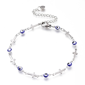 304 Stainless Steel Link Bracelets, with Enamel and Lobster Claw Clasps, Evil Eye & Cross, Blue