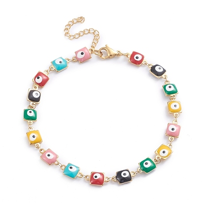 304 Stainless Steel Anklets, with Enamel and Lobster Claw Clasps, Square with Evil Eye, Colorful