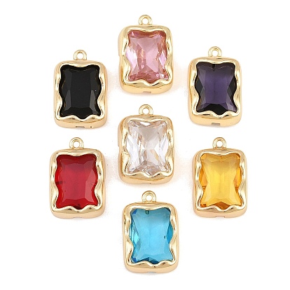 Brass Glass Pendants, Rectangle Charms, Faceted, Golden