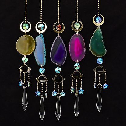 Natural Agate Piece Hanging Ornaments, Metal Moon & Planet and Glass Cone Tassel Suncatchers for Home Outdoor Decoration