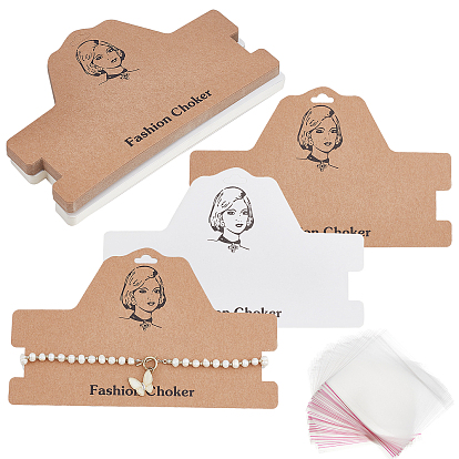40 conjuntos 2 tarjetas de exhibición de collares de papel de colores, con gargantilla de moda de palabra y bolsas de celofán opp rectangulares, Patrón de las mujeres