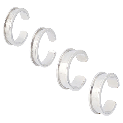 4Pcs 4 Style 304 Stainless Steel Grooved Cuff Ring Settings, Ring Core Blank