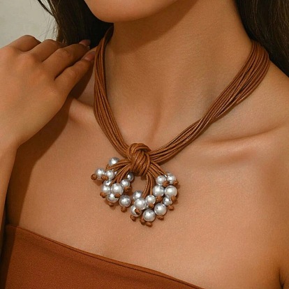 Многорядные ожерелья из вощеного шнура с подвеской из пластикового жемчуга и смолы в богемном стиле с цепочками на концах из сплава, золотые