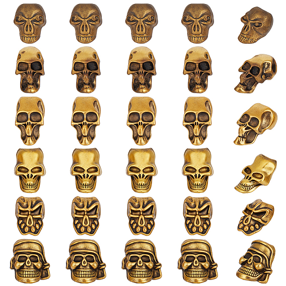 30Pcs 6 Styles Tibetan Style Alloy European Beads, Large Hole Beads, Skull