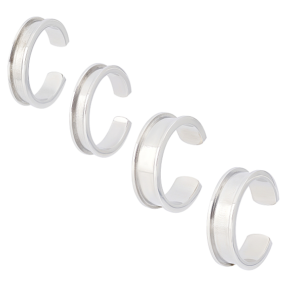 4Pcs 4 Style 304 Stainless Steel Grooved Cuff Ring Settings, Ring Core Blank